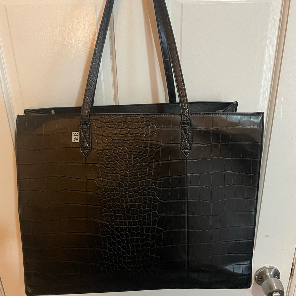 BEIS Black Crocodile-Embossed Tote Bag